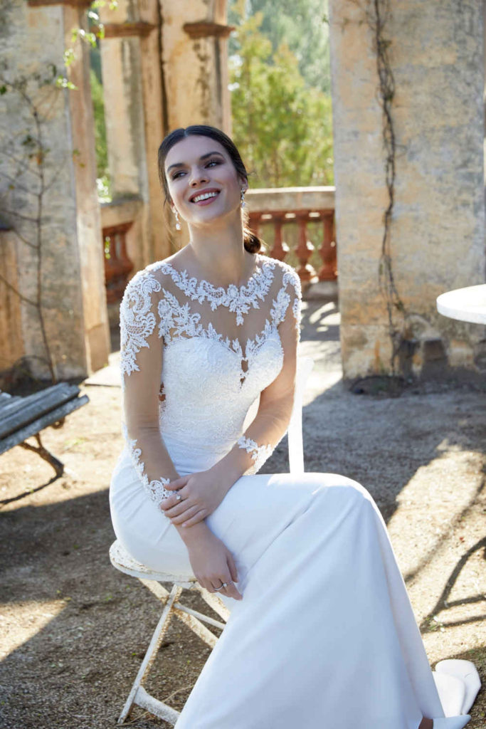Victoria Jayne Wedding Dress Fit & Flare, Bateau, Illusion, Long Sleeves