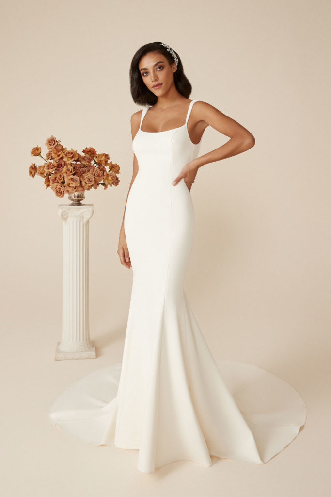 Amore Bridal Justin Alexander Low Back Stretch Crepe Fit and Flare Dress