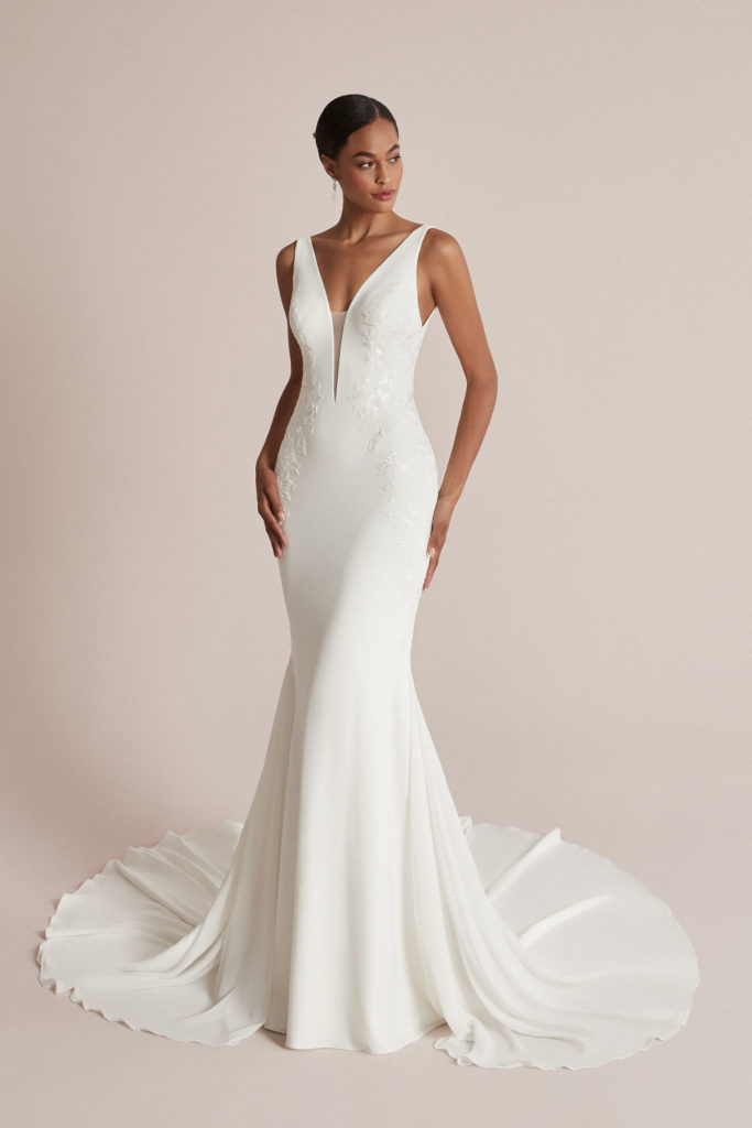 Amore Bridal Justin Alexander Crepe Fit and Flare Dress with Lace Appliqués and Plunging V-Neck
